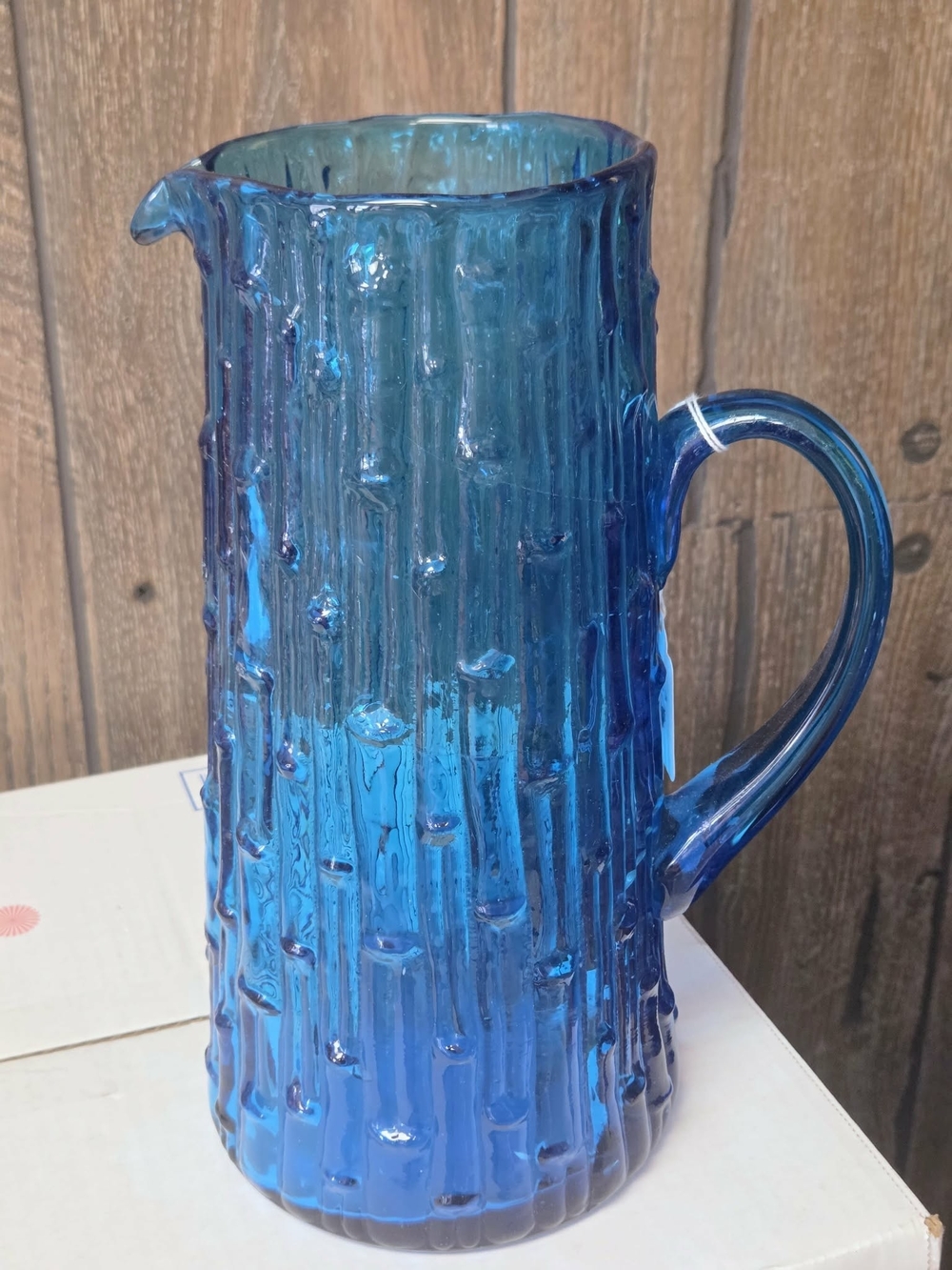 RARE**  Vintage Mid-Century Blue Art Glass Large Empoli Bamnoo Glass Pitcher